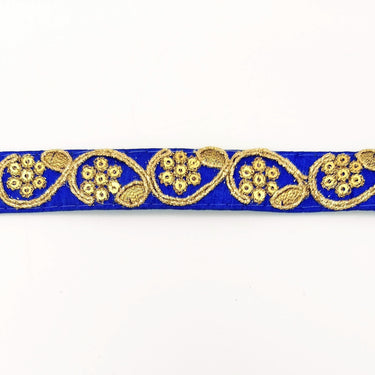 Royal Blue Art Silk Trim with Gold Floral Embroidery and Gold Sequins Indian Sari Border Trim By 3 Yards Decorative Trim Craft Lace